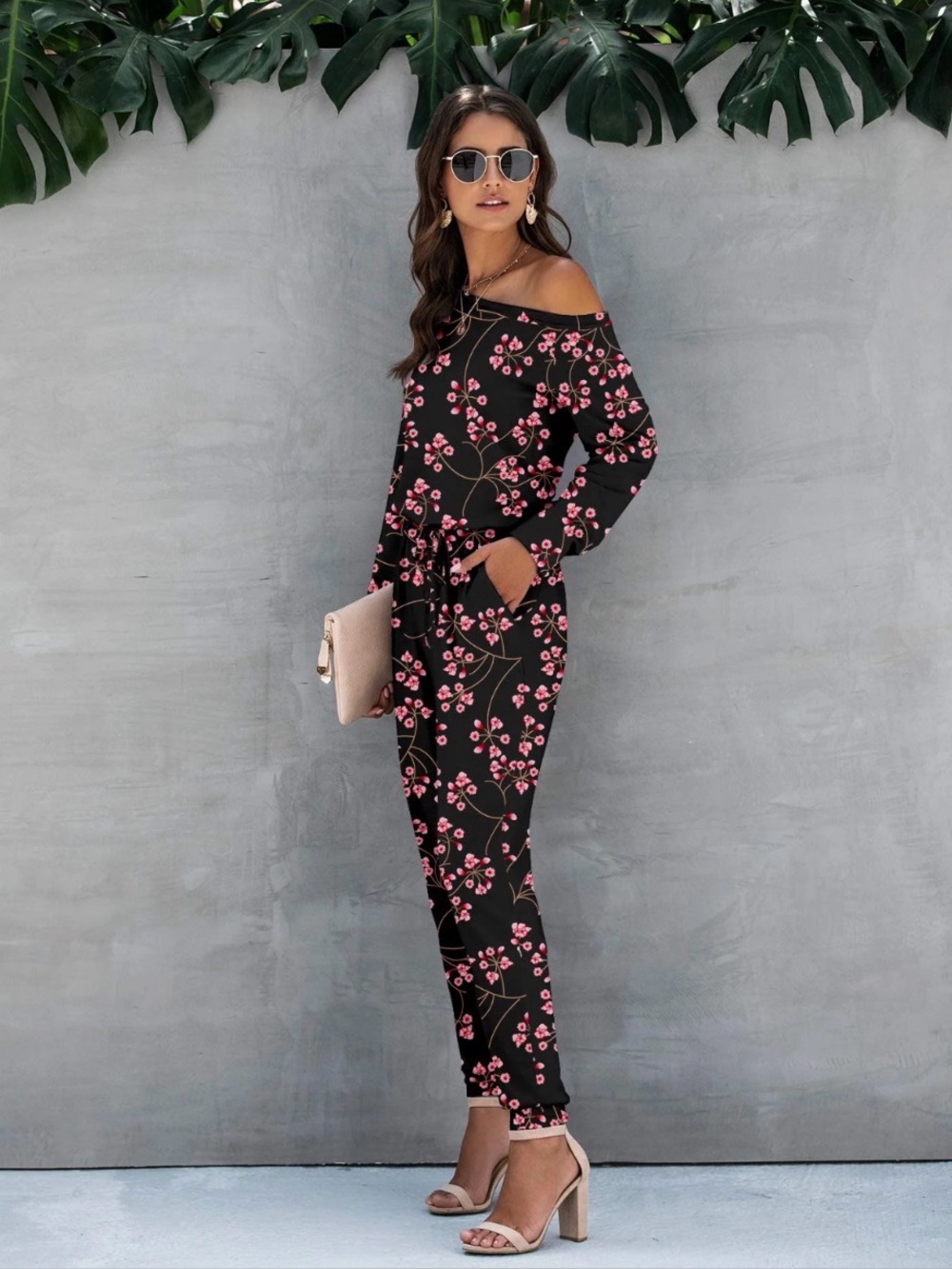 YUNDAI Jumpsuit Romper One Piece Casual Off Shoulder Long Sleeve Elastic Waist M